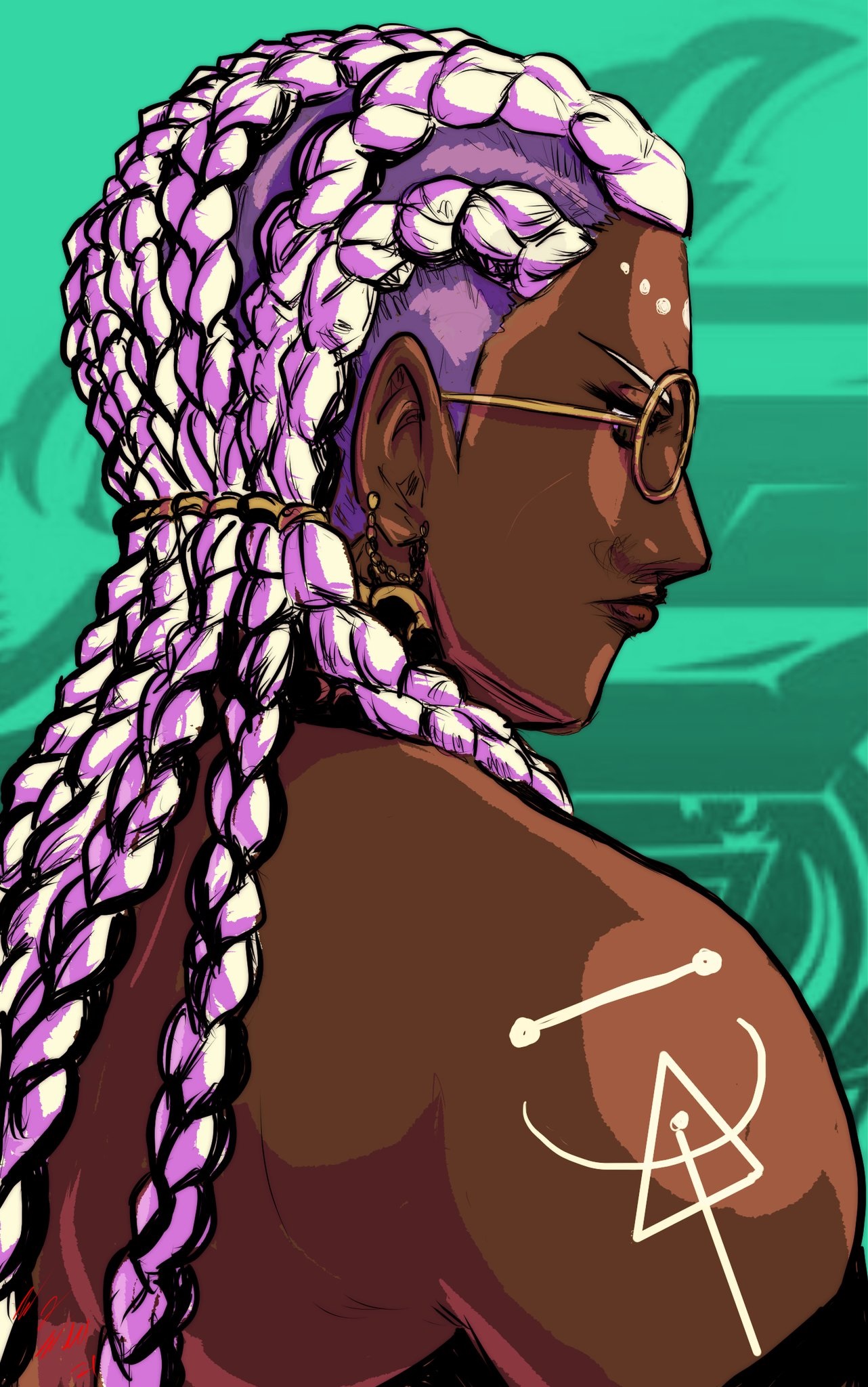 dolores (kof), the king of fighters, 1girl, back, bodypaint, braid, braided ponytail, brown eyes, dark-skinned female, dark skin, dress, earrings, female focus, glasses, jewelry, long hair, multicolored hair, purple hair, round eyewear, taurence bell, two-tone hair, white hair
