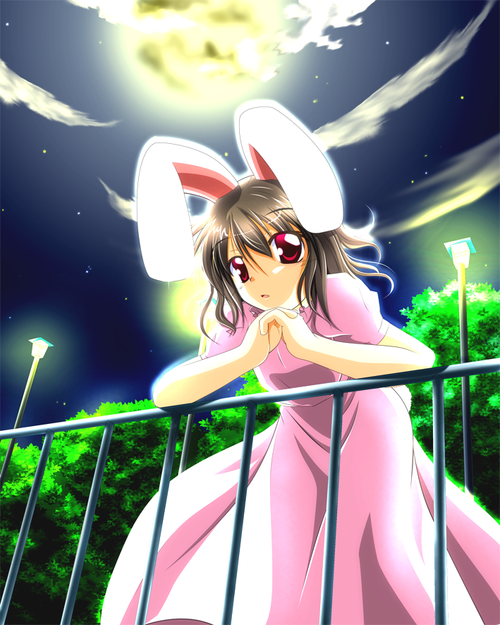 nanaume (shichimi tougarashi), inaba tewi, touhou, 1girl, animal ears, female focus, moon, rabbit ears, solo