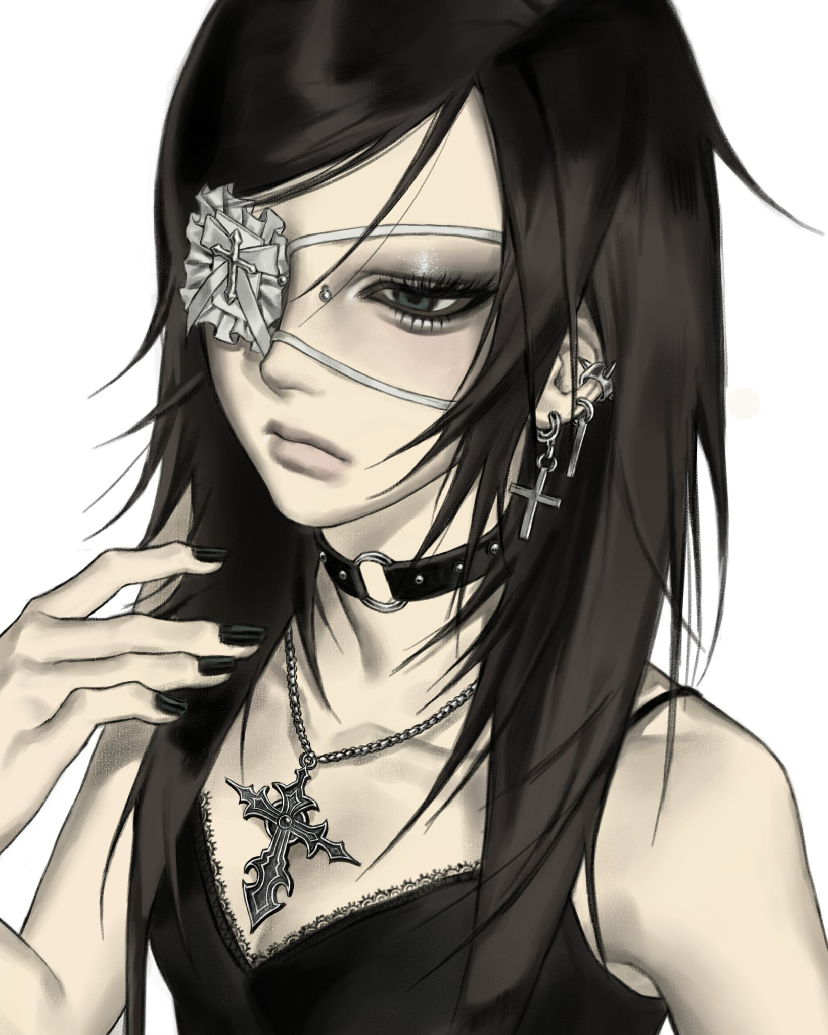 0008an, original, highres, 1girl, bare shoulders, black eyeliner, black eyes, black hair, black nails, black shirt, bridge piercing, choker, closed mouth, collarbone, cross, cross earrings, cross necklace, ear piercing, earrings, eyeliner, eyepatch, eyeshadow, face piercing, frilled eyepatch, glitter makeup, goth fashion, grey eyeshadow, jewelry, lace, lace-trimmed shirt, lace trim, lips, long hair, makeup, medical eyepatch, necklace, o-ring, o-ring choker, piercing, shirt, simple background, sleeveless, solo, spaghetti strap, spiked ear piercing, studded choker, white background