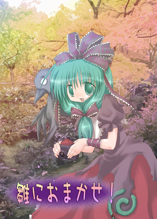 izumi yukiru, kagiyama hina, touhou, 1girl, bird, camera, crow, female focus, front ponytail, green eyes, green hair, matching hair/eyes, ribbon, solo