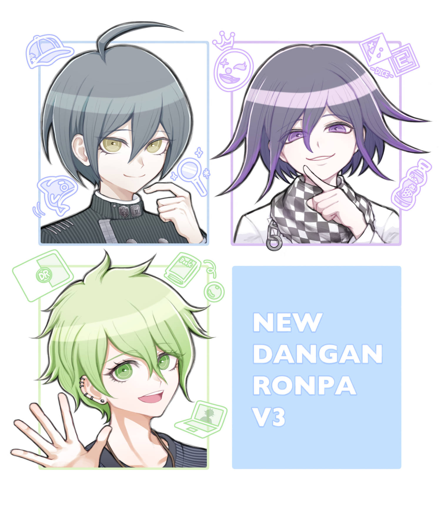 inukai (inuuowoukai), amami rantaro, oma kokichi, saihara shuichi, danganronpa (series), danganronpa v3: killing harmony, commentary request, highres, 3boys, ahoge, antenna hair, black hair, black jacket, buttons, checkered clothes, checkered scarf, collared jacket, copyright name, ear piercing, earrings, eyelashes, flipped hair, green eyes, green hair, hair between eyes, index finger raised, jacket, jewelry, long sleeves, looking at viewer, male focus, multiple boys, multiple piercings, narrowed eyes, necklace, open mouth, outside border, parted lips, piercing, portrait, purple eyes, purple hair, scarf, shirt, short hair, smile, smirk, striped clothes, striped jacket, striped shirt, two-tone scarf, waving, yellow eyes