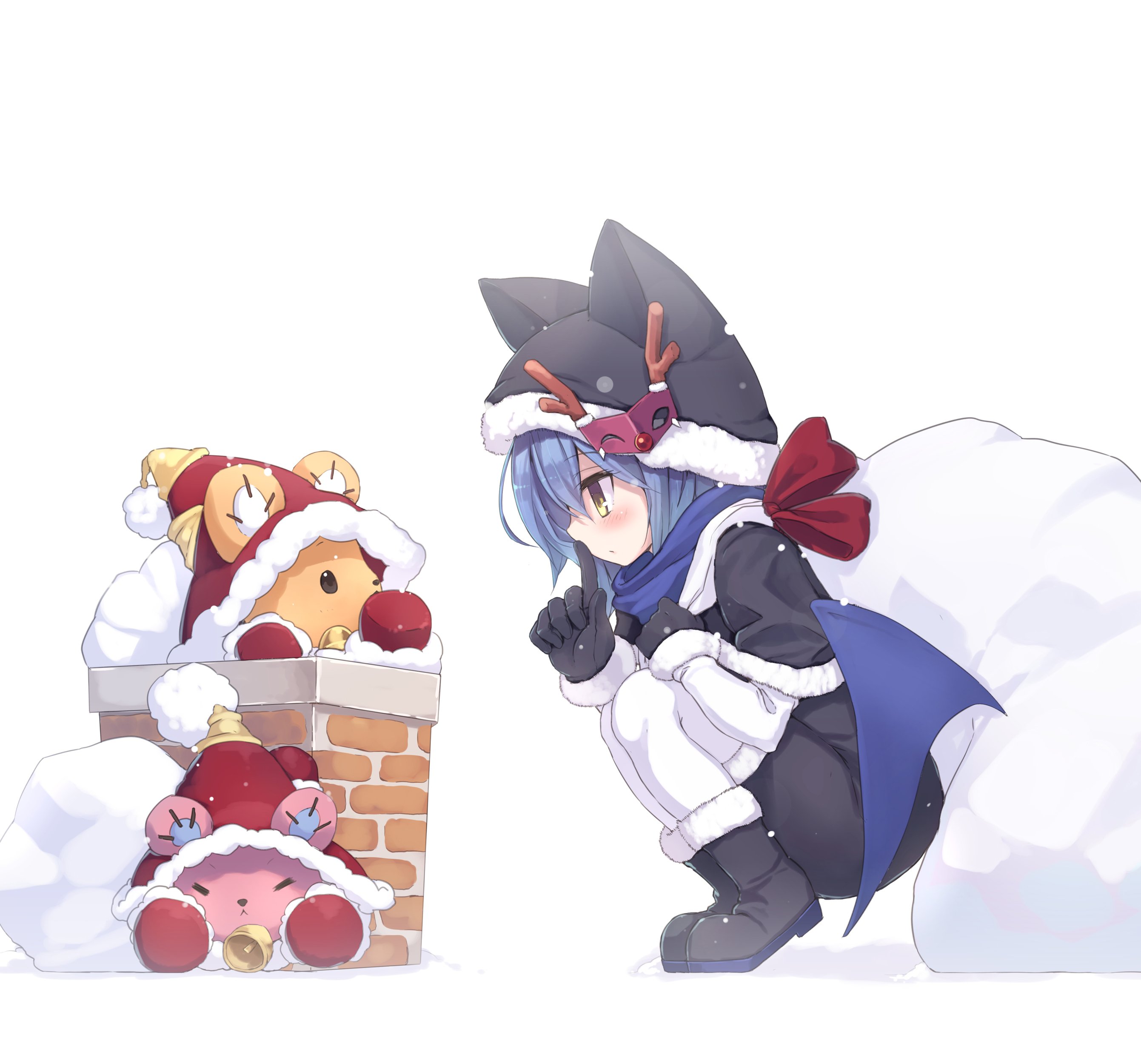 armadillon, emil chronicle online, absurdres, highres, 1girl, animal ear headwear, bag, bat wings, bear, bell, black bodysuit, black boots, black capelet, black gloves, black hat, blue hair, blue scarf, blue wings, bodysuit, boots, capelet, chimney, delucky alma, fake animal ears, from side, fur boots, fur capelet, gloves, hat, holding, holding bag, mask on hat, pantyhose, red gloves, red hat, scarf, squatting, white background, white pantyhose, white sleeves, wings, yellow eyes