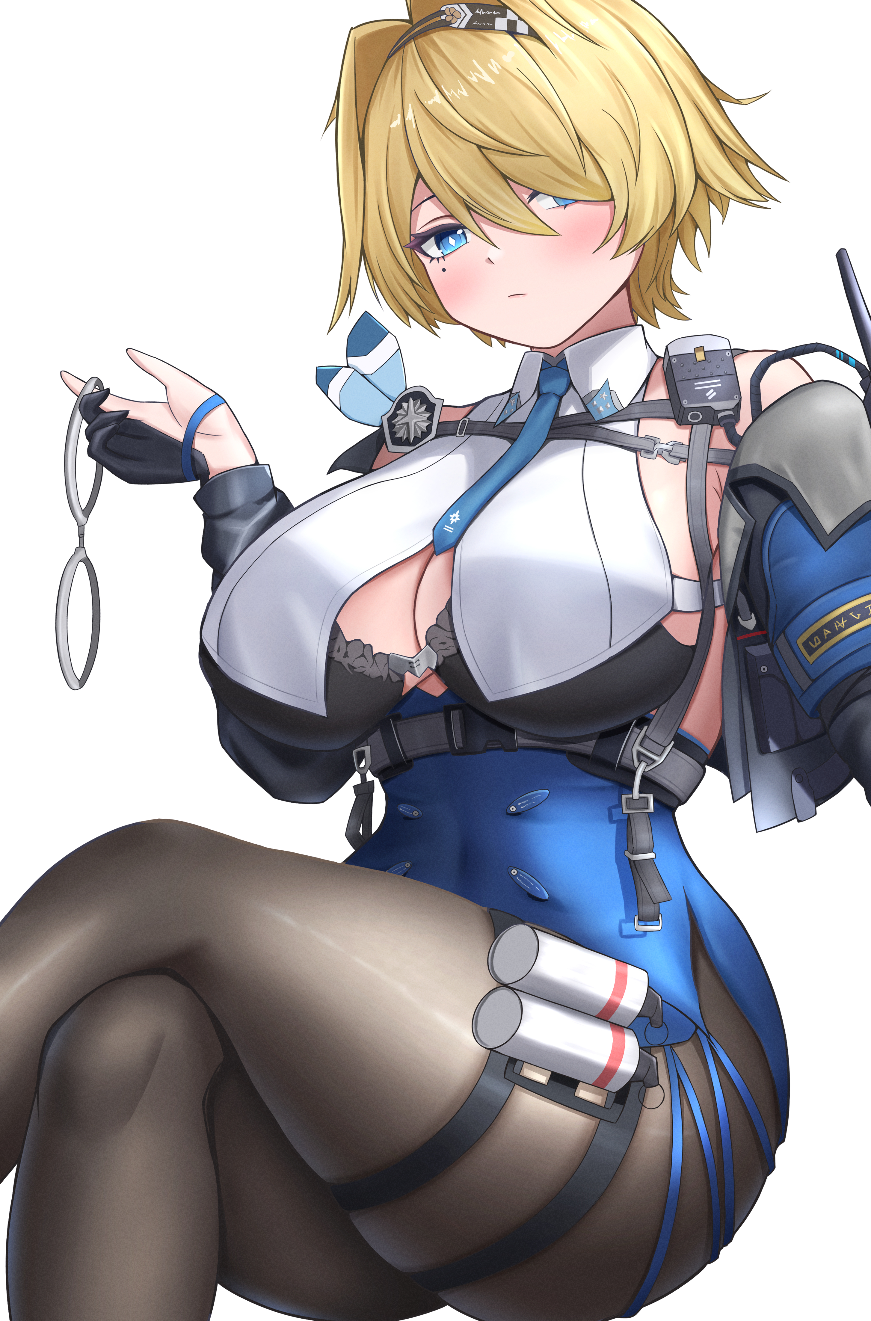 zion rss, nikketa (girls' frontline 2), vsk-94 (girls' frontline), girls' frontline, girls' frontline 2: exilium, absurdres, commentary, highres, 1girl, bare shoulders, black bra, black jacket, black pantyhose, blonde hair, blue eyes, blue necktie, blue skirt, blush, bra, breasts, bright pupils, buckle, chest harness, cleavage, closed mouth, collared shirt, crop top, crossed legs, cuffs, diamond-shaped pupils, diamond (shape), explosive, gloves, grenade, hair between eyes, hair intakes, hair ornament, hair over one eye, half gloves, halterneck, hand up, handcuffs, harness, high-waist skirt, holding, holding handcuffs, invisible chair, jacket, large breasts, long sleeves, looking at viewer, mole, mole under eye, necktie, pantyhose, radio, shirt, short hair, simple background, sitting, skirt, smoke grenade, snap-fit buckle, solo, symbol-shaped pupils, thigh strap, thighs, underwear, walkie-talkie, white background, white pupils