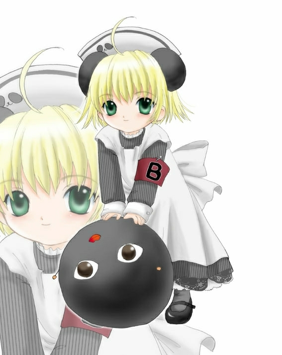 nazo gema, piyoko, di gi charat, 1girl, animal ears, apron, armband, blonde hair, dress, female focus, green eyes, hat, mary janes, panda ears, shoes, short hair, solo, zoom layer