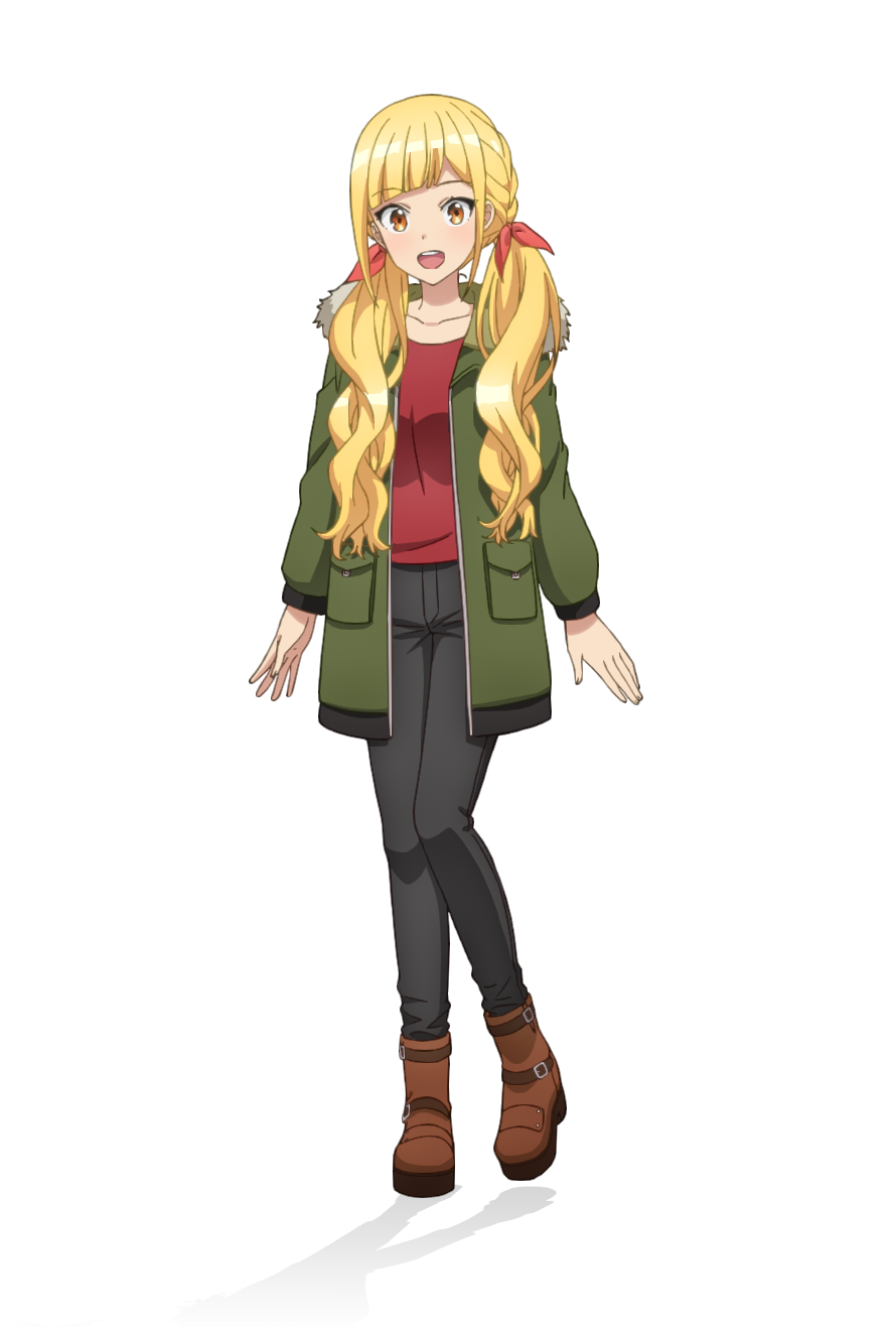 taniguchi motohiro, hinakura riko, cue!, highres, official art, 1girl, :d, anime coloring, black pants, blonde hair, blush, boots, braid, breasts, brown boots, coat, collarbone, full body, fur-trimmed coat, fur trim, green coat, hair ribbon, hood, hooded coat, large breasts, long hair, long sleeves, looking at viewer, low twintails, open hands, open mouth, pants, red ribbon, red skirt, ribbon, shirt, simple background, skirt, smile, solo, standing, t-shirt, tachi-e, teeth, transparent background, twintails, very long hair, yellow eyes