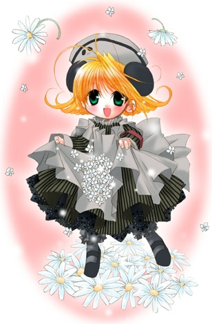 piyoko, di gi charat, lowres, 1girl, :d, beret, blonde hair, dress, female focus, frilled dress, frills, full body, green eyes, grey dress, hat, long sleeves, looking at viewer, mary janes, open mouth, pink background, shoes, short hair, simple background, smile, solo