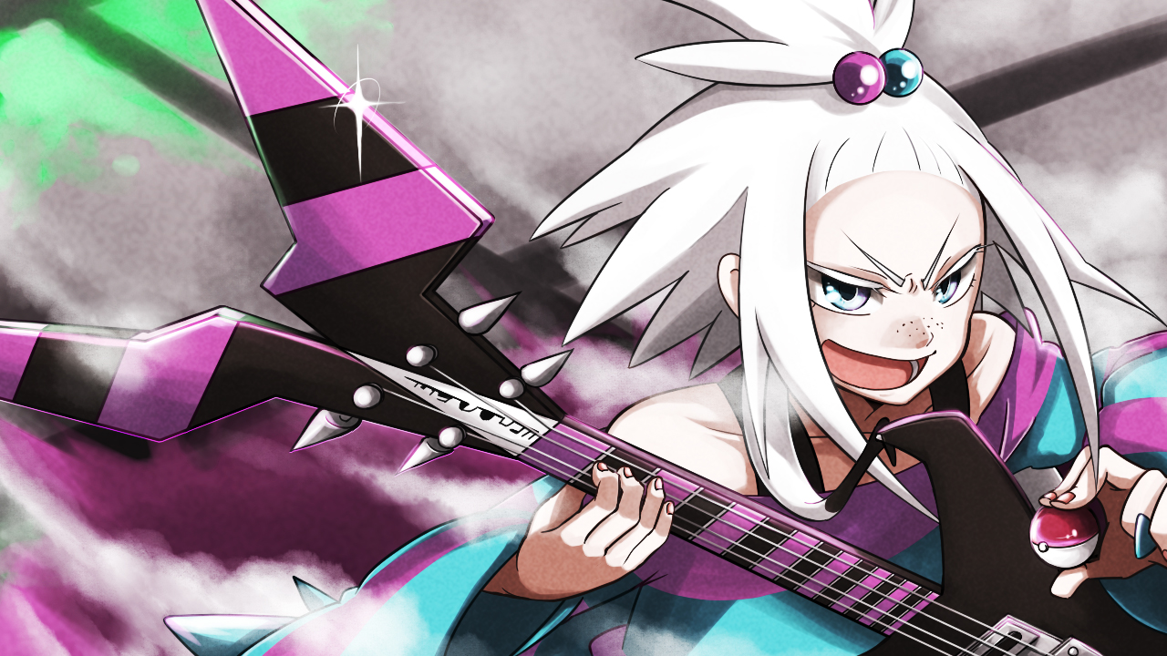 yumeukihashi, roxie (pokemon), nintendo, pokemon, pokemon bw2, commentary request, 1girl, bare shoulders, bass guitar, blue eyes, eyelashes, fingernails, fog, freckles, glint, hair bobbles, hair ornament, holding, holding bass guitar, holding instrument, holding plectrum, holding poke ball, instrument, long sleeves, lower teeth only, open mouth, plectrum, poke ball, poke ball (basic), sidelocks, smile, solo, striped clothes, teeth, topknot, v-shaped eyebrows, white hair