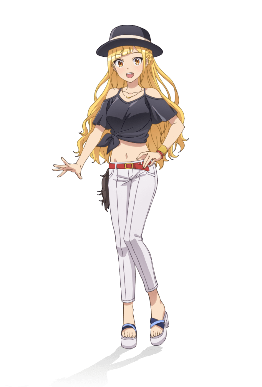 taniguchi motohiro, hinakura riko, cue!, highres, official art, 1girl, :d, anime coloring, bare shoulders, belt, black hat, black shirt, blonde hair, blush, breasts, collarbone, full body, hand on own hip, hat, jewelry, large breasts, long hair, looking at viewer, navel, necklace, open hand, open mouth, orange belt, outstretched arm, pants, platform sandals, sandals, shirt, short sleeves, simple background, smile, solo, spread fingers, standing, tachi-e, teeth, tented shirt, tied shirt, top hat, transparent background, white pants, white sandals, wristband, yellow eyes