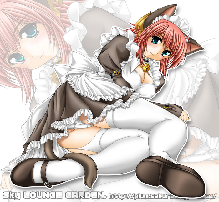 tomoya kankurou, animal ears, bell, black shoes, breasts, cat ears, cat tail, cleavage, collar, garter straps, jingle bell, lying, maid, maid headdress, mary janes, neck bell, on side, outline, panties, plantar flexion, shoes, solo, tail, thighhighs, underwear, watermark, web address, white outline, white panties, white thighhighs