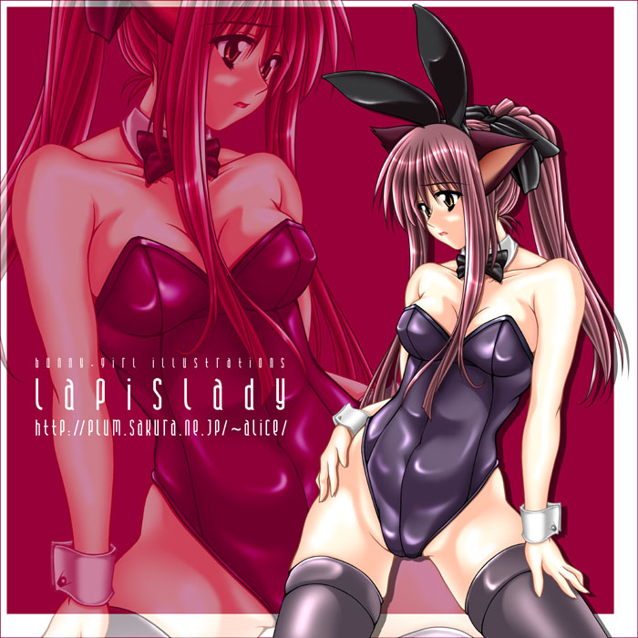 tomoya kankurou, 1girl, animal ears, black thighhighs, cat ears, detached collar, fake animal ears, female focus, hand on own hip, leotard, playboy bunny, rabbit ears, solo, thighhighs, watermark, web address
