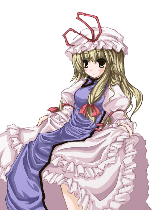 sawaki saki, yakumo yukari, touhou, 1girl, blonde hair, blush, breasts, dress, female focus, hat, mob cap, simple background, solo, white background, white hat, yellow eyes