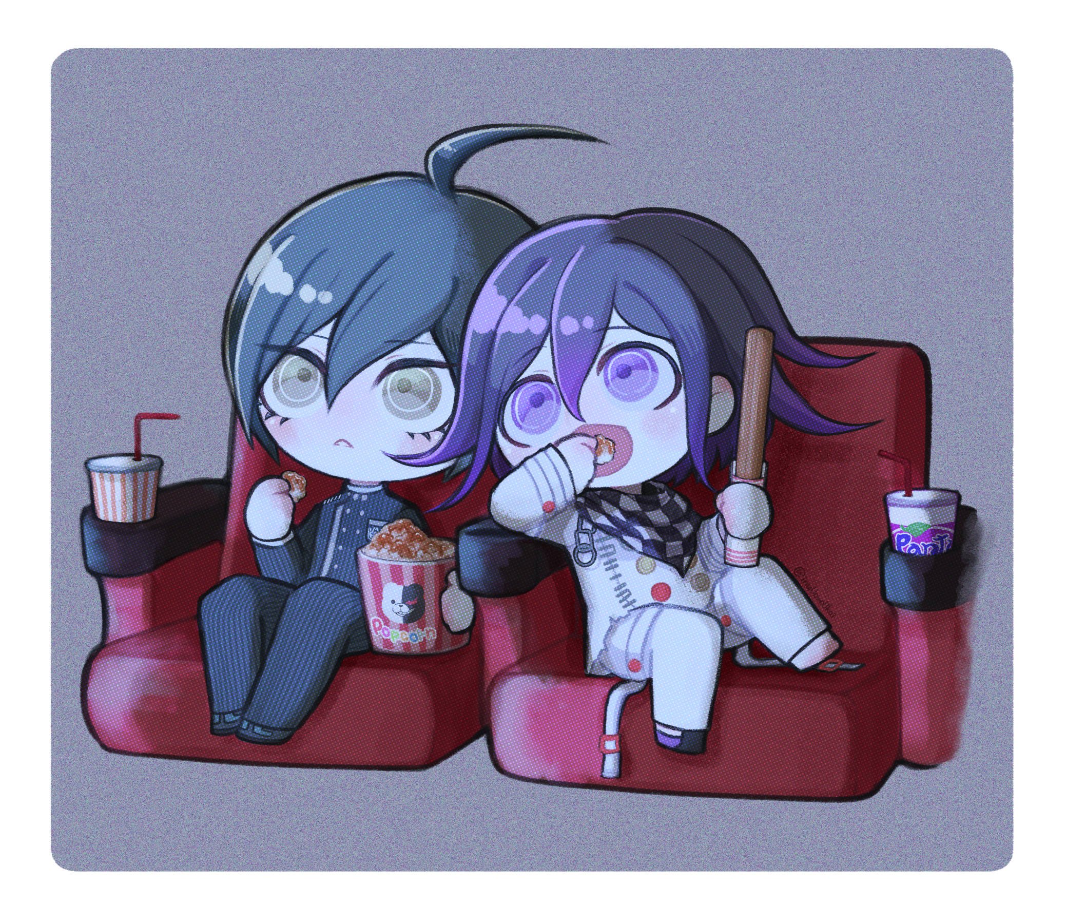 inukai (inuuowoukai), monokuma, oma kokichi, saihara shuichi, danganronpa (series), danganronpa v3: killing harmony, commentary, highres, 2boys, ahoge, black hair, black jacket, blush, border, brown eyes, buttons, chair, checkered clothes, checkered scarf, chibi, chibi only, collared jacket, eating, eyelashes, flipped hair, food, grey background, hair between eyes, holding, jacket, long sleeves, male focus, movie theater, multiple boys, open mouth, pants, pinstripe jacket, pinstripe pattern, popcorn, purple eyes, ringed eyes, scarf, short hair, sitting, striped clothes, striped jacket, striped pants, two-tone scarf, white border