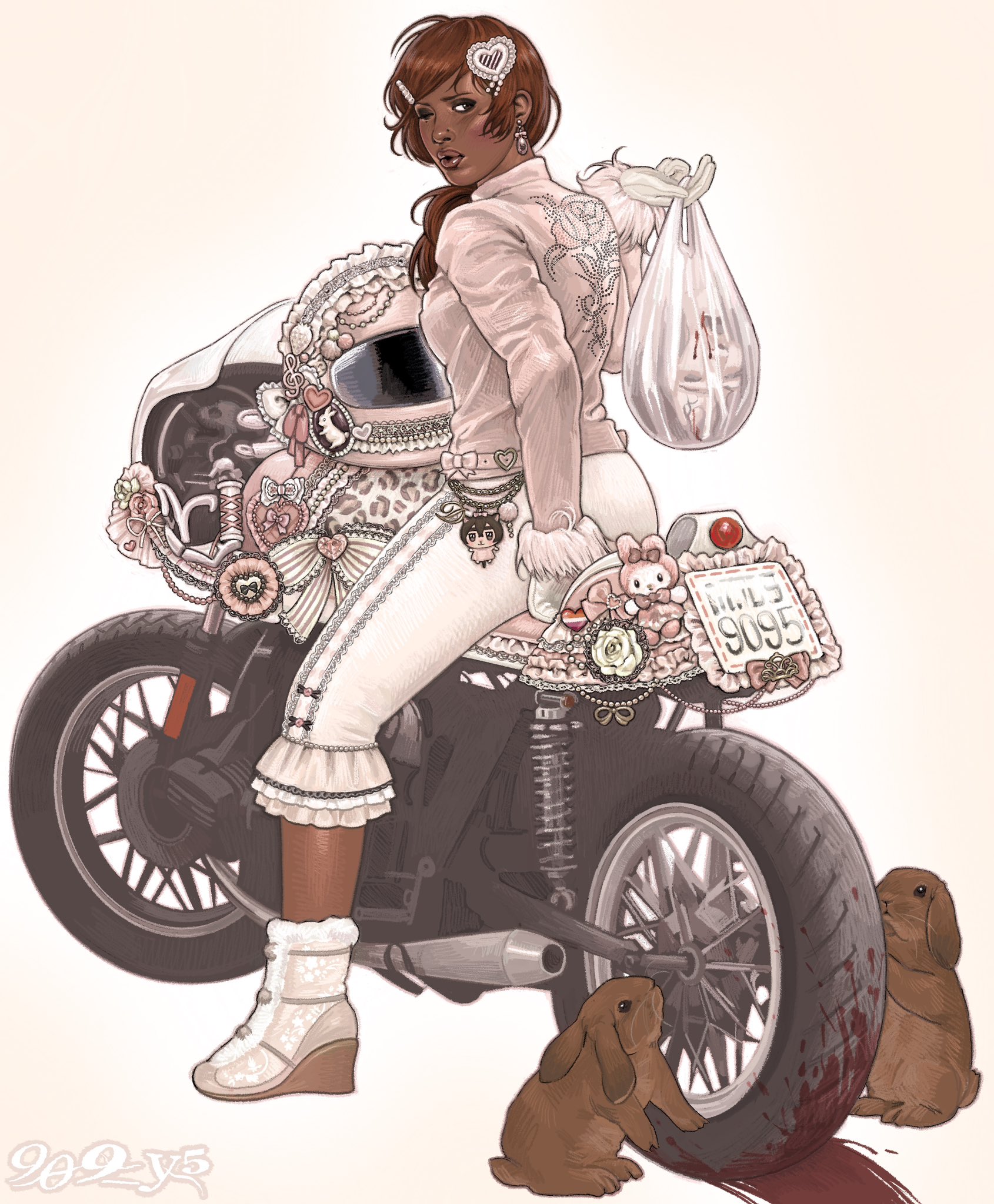 909 y5, original, highres, 1girl, animal print, artist name, bag, biker clothes, black eyeshadow, blood, brown hair, brown rabbit, character charm, charm (object), dark-skinned female, dark skin, decapitation, eyeshadow, face piercing, frilled pants, frills, fur-trimmed sleeves, fur trim, gloves, hair ornament, hairclip, heart, heart hair ornament, helmet, holding, holding bag, jacket, leather, leather jacket, leopard print, lesbian flag, lips, long hair, long sleeves, makeup, motor vehicle, motorcycle, nose piercing, on motorcycle, one eye closed, pants, piercing, pink helmet, pink jacket, plastic bag, ponytail, rabbit, shoes, simple background, smeared blood, solo, studded jacket, tight clothes, tight pants, wallet chain, wedge heels, white background, white gloves, white pants, white shoes