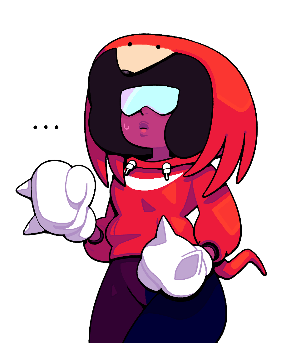discount-supervillain, garnet (steven universe), knuckles the echidna, sonic (series), steven universe, …, afro, boxing gloves, character hood, closed mouth, colored skin, cosplay, crossover, hood, hoodie, knuckles the echidna (cosplay), lips, purple skin, red hoodie, simple background, thick lips, transparent background