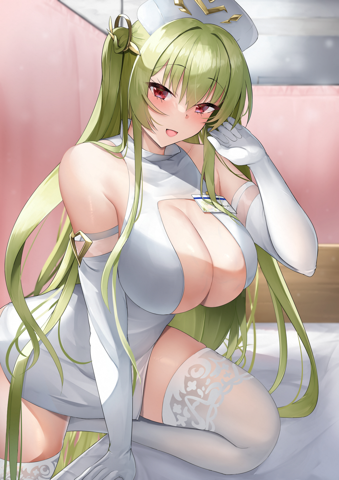 nori aji, napoli (azur lane), azur lane, commentary request, highres, 1girl, alternate costume, bed, breasts, center opening, cleavage, elbow gloves, gloves, green hair, hair ornament, hat, hospital bed, huge breasts, lace, lace-trimmed thighhighs, lace trim, long hair, looking at viewer, nurse, nurse cap, open mouth, red eyes, solo, thighhighs, very long hair, white gloves, white thighhighs, zettai ryouiki