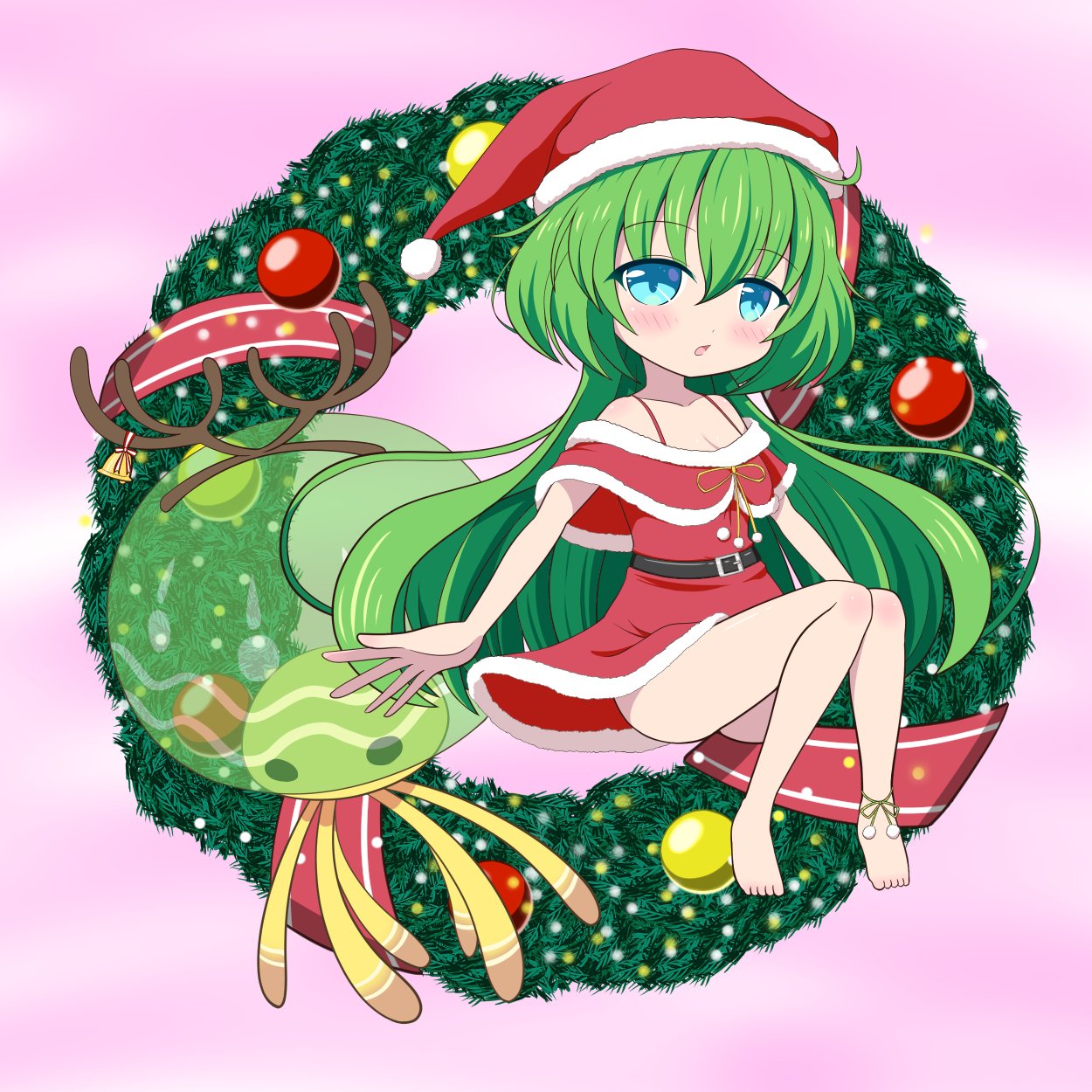 sudakino, emil chronicle online, highres, 1girl, anklet, bare shoulders, barefoot, blue eyes, blush, breasts, christmas wreath, cleavage, dress, green hair, hat, jellyfish, jewelry, medium breasts, open mouth, pink background, poison gel alma, red dress, santa costume, santa hat, wreath