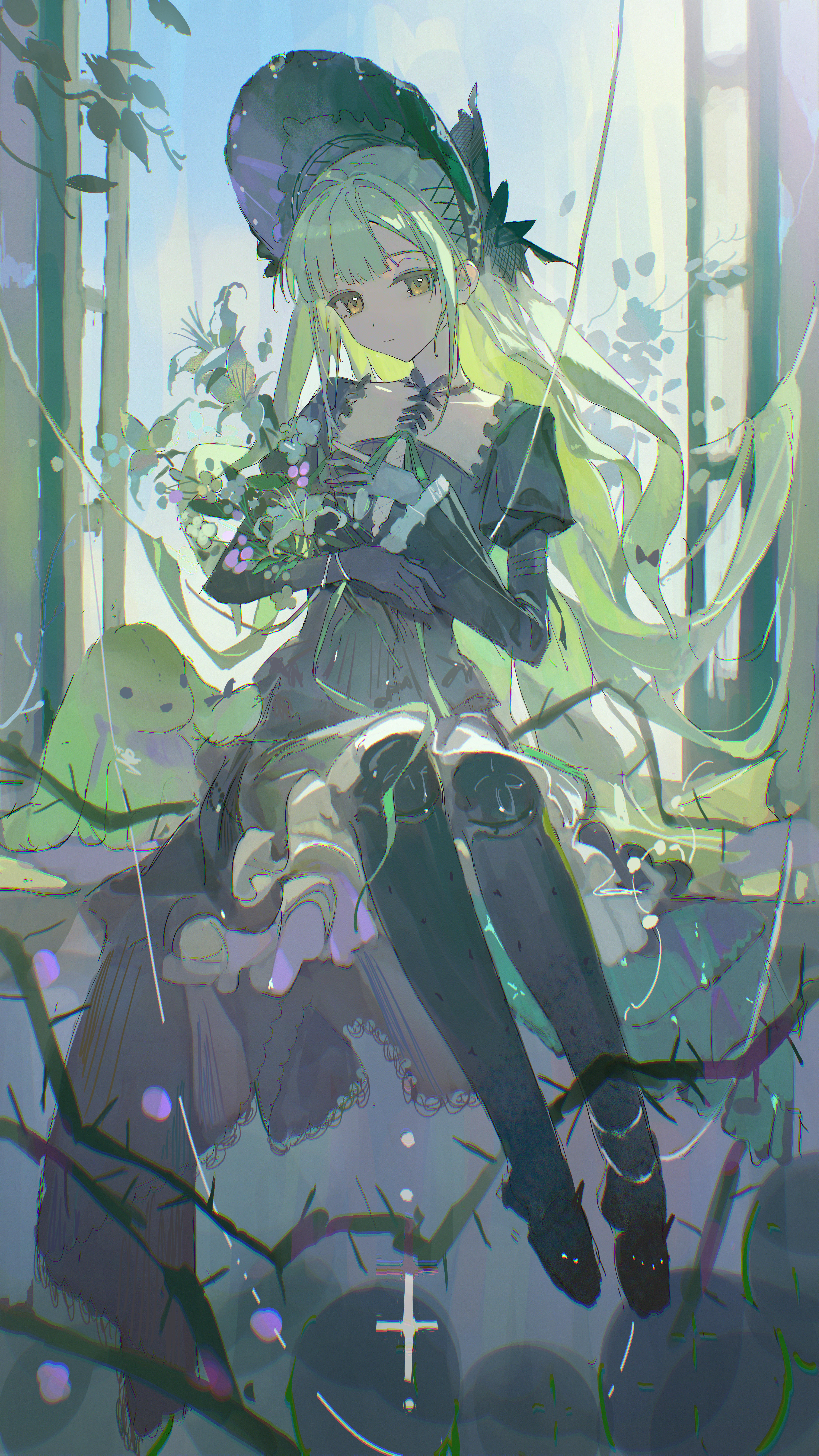 akari (1228408193), wakaba mutsumi, arknights, bang dream!, bang dream! it's mygo!!!!!, absurdres, commentary request, highres, 1girl, animal ears, black bonnet, black boots, black dress, black gloves, bonnet, boots, closed mouth, doll joints, dress, expressionless, floppy ears, flower, full body, gloves, gothic lolita, green hair, hair ornament, holding, holding flower, joints, lolita fashion, long hair, long sleeves, looking at viewer, outdoors, plant, puppet strings, rabbit ears, rabbit girl, sidelocks, sitting, solo, stuffed animal, stuffed rabbit, stuffed toy, thorns, vines, wakaba mutsumi (marionette's id), x hair ornament, yellow eyes