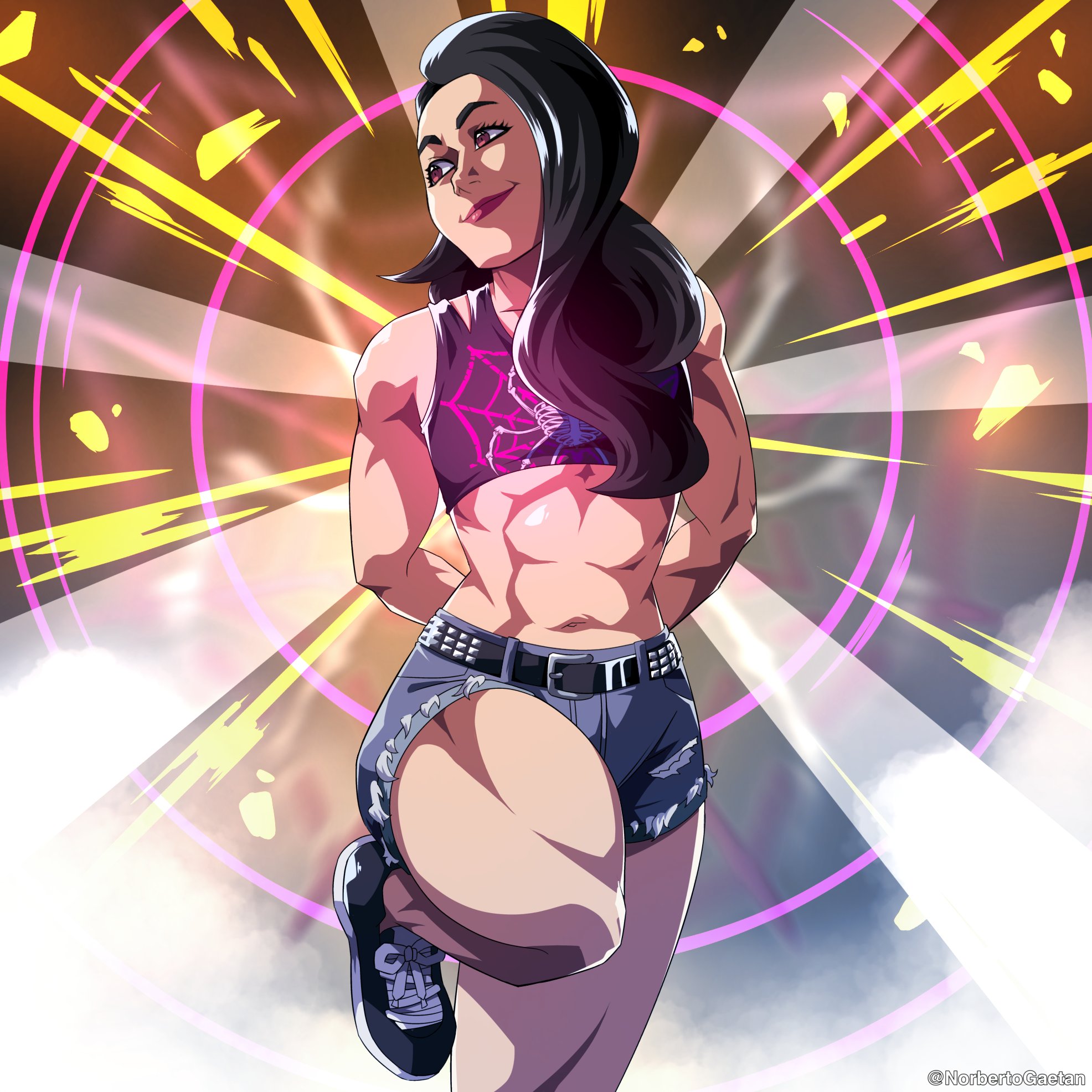 norbertogaetan, aj lee, wwe, commentary, english commentary, highres, 1girl, abs, belt, black hair, brown eyes, light rays, long hair, midriff, muscular, muscular female, navel, shoes, short shorts, shorts, sleeveless, solo, twitter username, wrestler