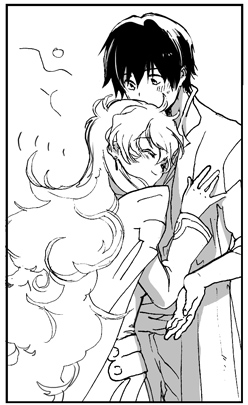kanke (yonkuma), nia teppelin, simon (ttgl), tengen toppa gurren lagann, lowres, 00s, 1boy, 1girl, couple, greyscale, head rest, hetero, monochrome