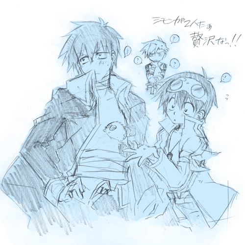 boota (ttgl), garlock simon, kamina (ttgl), simon (ttgl), tengen toppa gurren lagann, lowres, 00s, 3boys, blue theme, dual persona, male focus, monochrome, multiple boys, sketch, time paradox, white background