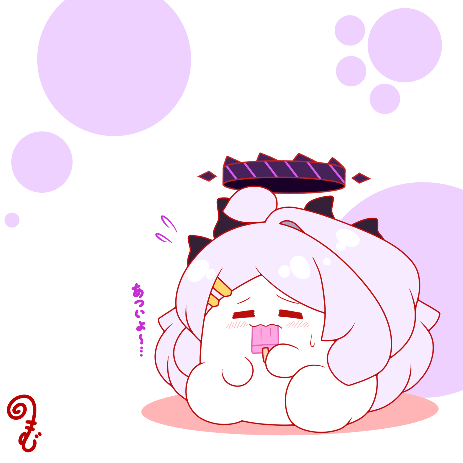 kurukurumagical, hina (blue archive), blue archive, commentary request, highres, translated, 1girl, ahoge, blush, chibi, chibi only, closed eyes, eating, flying sweatdrops, food, full body, hair ornament, hairclip, halo, holding, holding food, holding popsicle, long hair, mechanical halo, parallel hairclips, popsicle, purple hair, purple halo, sitting, solo, very long hair, white background
