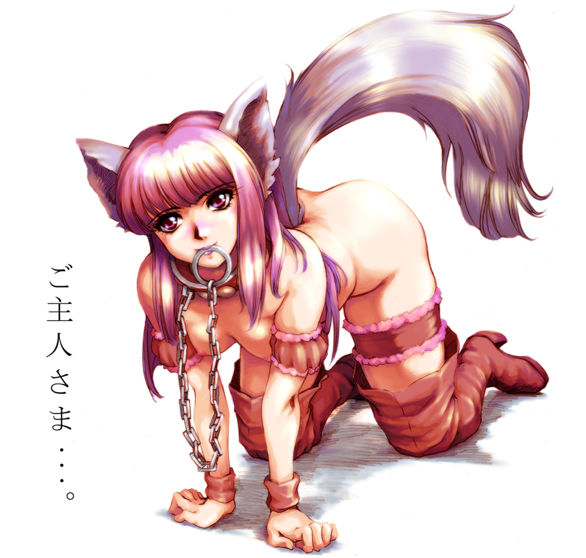 hisahiko, fujiwara zakuro, mew zakuro, tokyo mew mew, translated, 00s, 1girl, all fours, animal ears, arm garter, bdsm, blush, bondage, boots, bound, breasts, chain, chain leash, collar, female focus, frilled thigh strap, hanging breasts, leash, long hair, looking at viewer, magical girl, mouth hold, nipples, nude, purple eyes, purple hair, simple background, slave, smile, solo, tail, thigh boots, thigh strap, thighhighs, white background, wolf ears, wolf tail, wristband