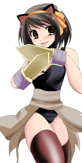 namamo nanase, assassin (ragnarok online), suzumiya haruhi, ragnarok online, suzumiya haruhi no yuuutsu, 1girl, animal ears, assassin, assassin (ragnarok online) (cosplay), brown hair, cat ears, cosplay, dagger, female focus, jamadhar, knife, solo, thighhighs, weapon