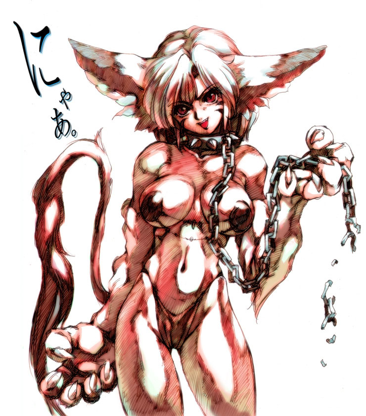 hisahiko, 1girl, animal ears, breasts, cat ears, cat tail, chain, chain leash, collar, cowboy shot, facial mark, female focus, large breasts, leash, red eyes, simple background, solo, spiked collar, spikes, tail, whisker markings, white background