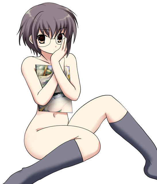 namamo nanase, nagato yuki, suzumiya haruhi no yuuutsu, eyebrows, 00s, 1girl, collarbone, covering breasts, covering privates, female focus, glasses, grey socks, hand on own cheek, hand on own face, kneehighs, looking at viewer, navel, no shoes, nude, painting (object), purple hair, short hair, simple background, sitting, socks, solo, stomach, white background, yellow eyes