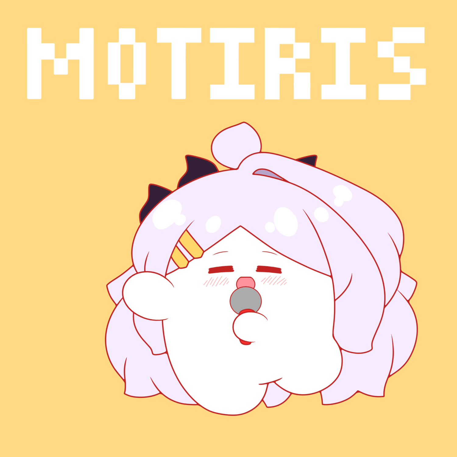 kurukurumagical, hina (blue archive), blue archive, tetoris (synthesizer v), commentary request, highres, 1girl, :d, ahoge, blush, chibi, chibi only, closed eyes, facing viewer, full body, hair ornament, hairclip, holding, holding microphone, long hair, microphone, open mouth, parallel hairclips, purple hair, simple background, smile, solo, standing, very long hair, yellow background