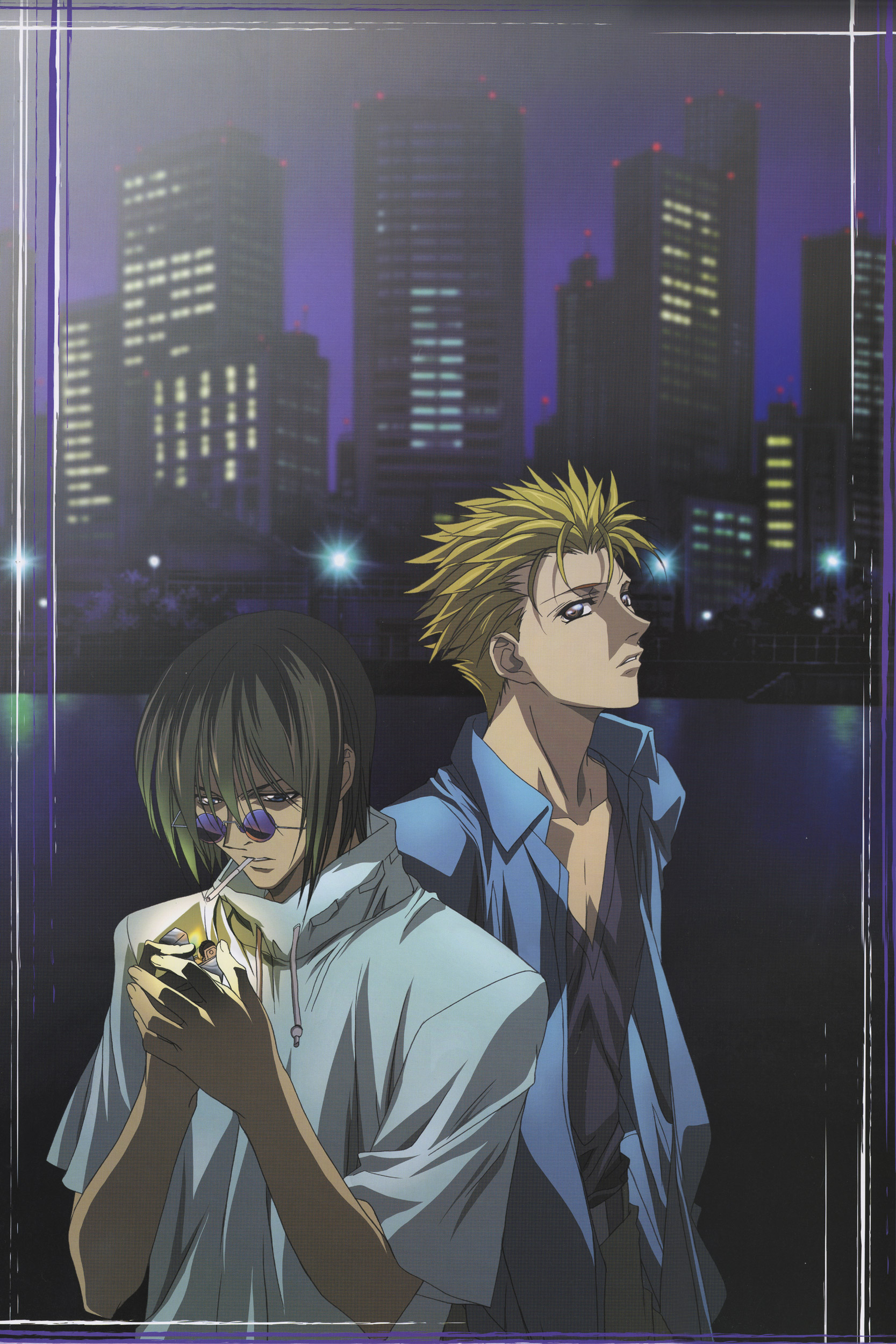 nakajima atsuko, amano ginji, midou ban, getbackers, absurdres, highres, scan, 2boys, black hair, blonde hair, brown eyes, cigarette, lighter, male focus, multiple boys, sunglasses