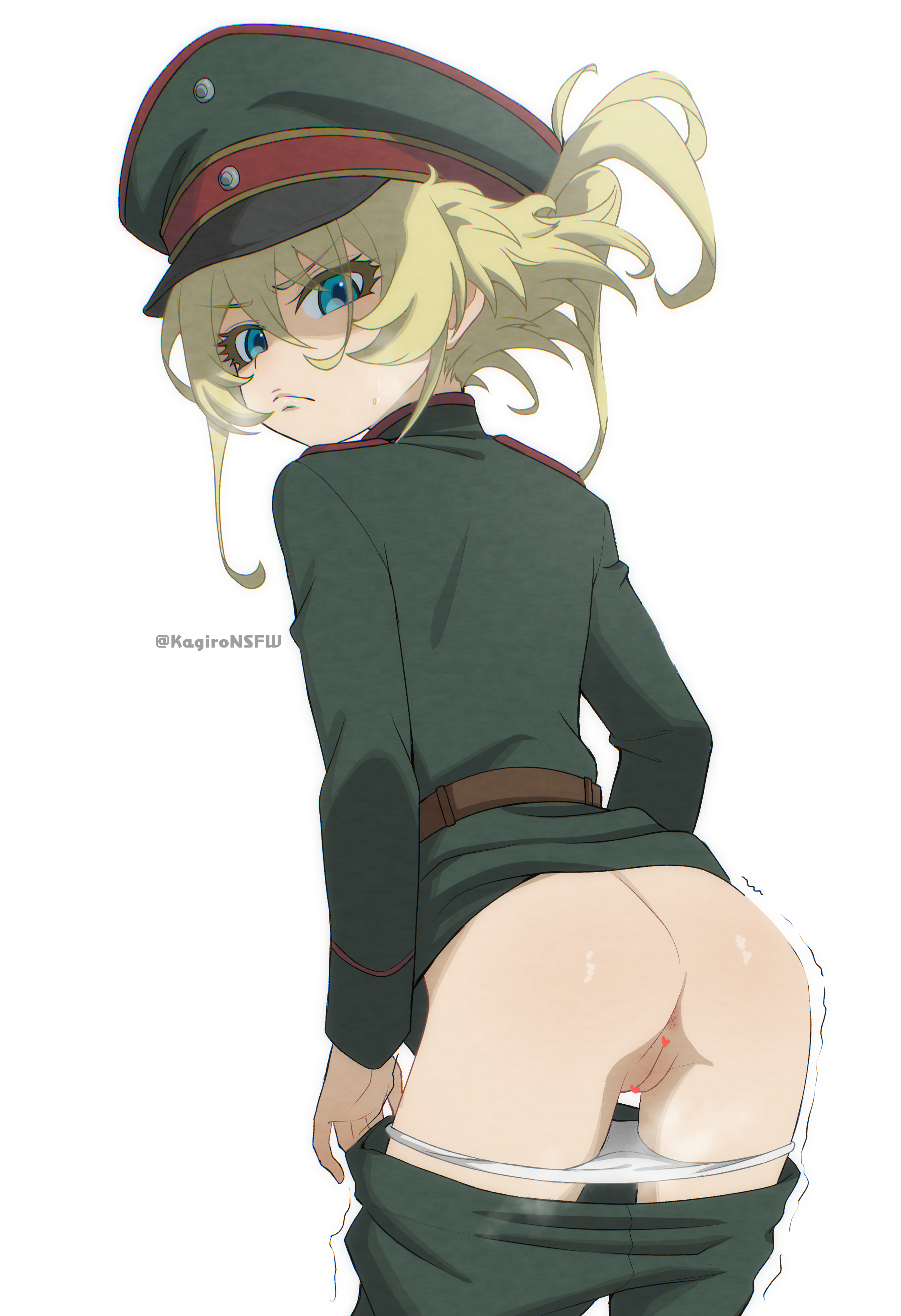 kagironsfw, tanya degurechaff, youjo senki, absurdres, bilingual commentary, commentary, english commentary, highres, mixed-language commentary, paid reward available, 1girl, anus, artist name, ass, belt, blonde hair, blue eyes, censored, cleft of venus, clothes pull, from behind, frown, green hat, green jacket, hat, heart, heart censor, heavy breathing, jacket, long sleeves, looking at viewer, military, military jacket, military uniform, panties, pants, pants pull, panty pull, peaked cap, pointless censoring, ponytail, pussy, short hair, sidelocks, simple background, solo, sweatdrop, trembling, twitter username, underwear, undressing, v-shaped eyebrows, white background, white panties