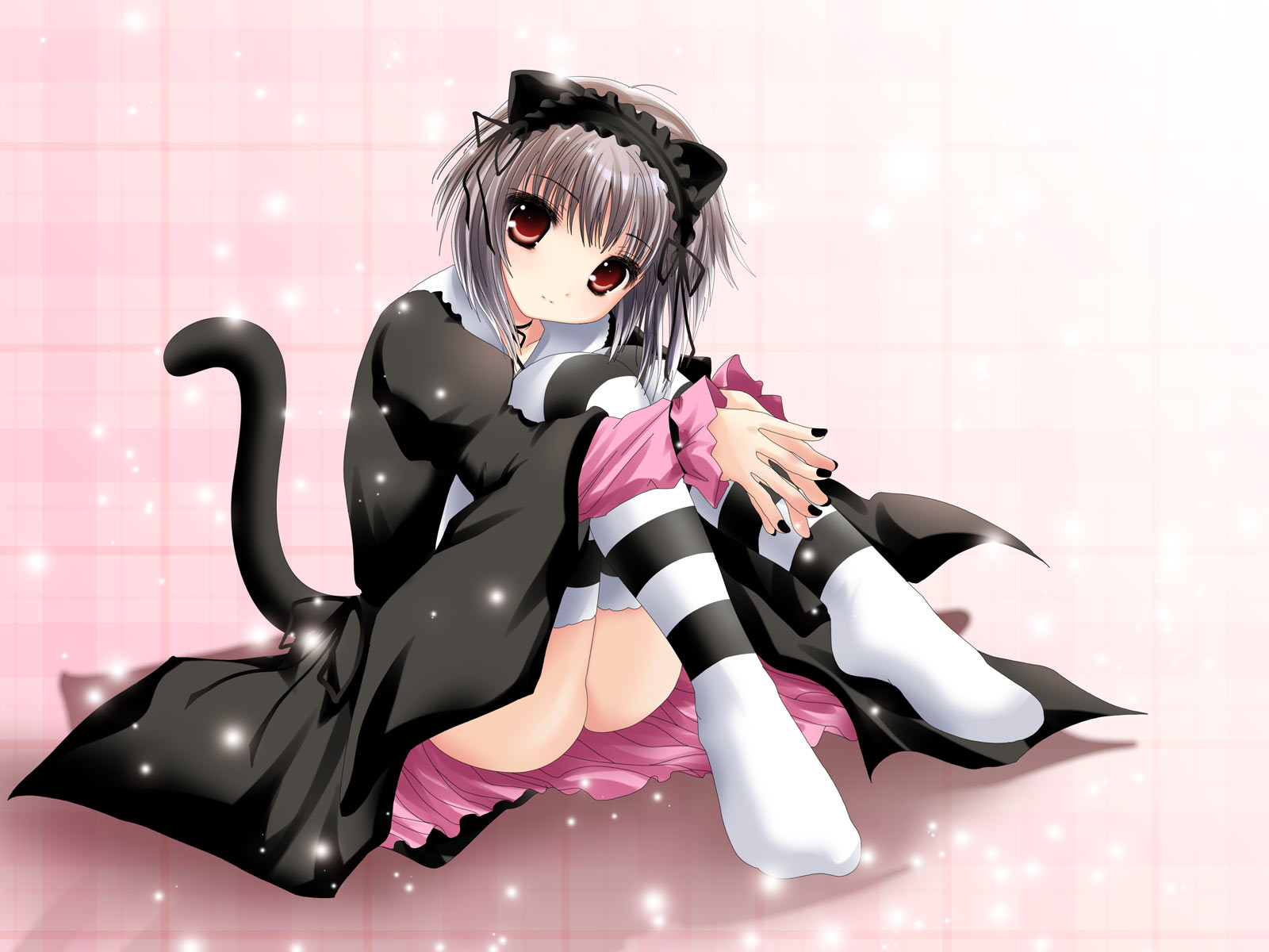 namamo nanase, nagato yuki, suzumiya haruhi no yuuutsu, striped, highres, 00s, animal ears, cat ears, cat tail, goth cat, goth fashion, socks, solo, tail, thighhighs