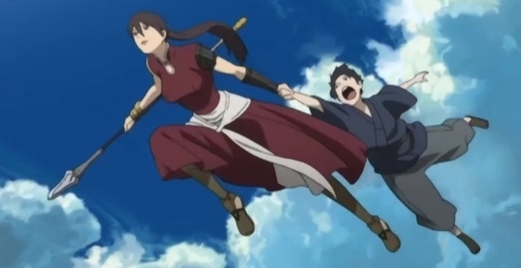 balsa, chagum, seirei no moribito, toki wo kakeru shoujo, anime screenshot, 1boy, 1girl, parody, polearm, spear, weapon