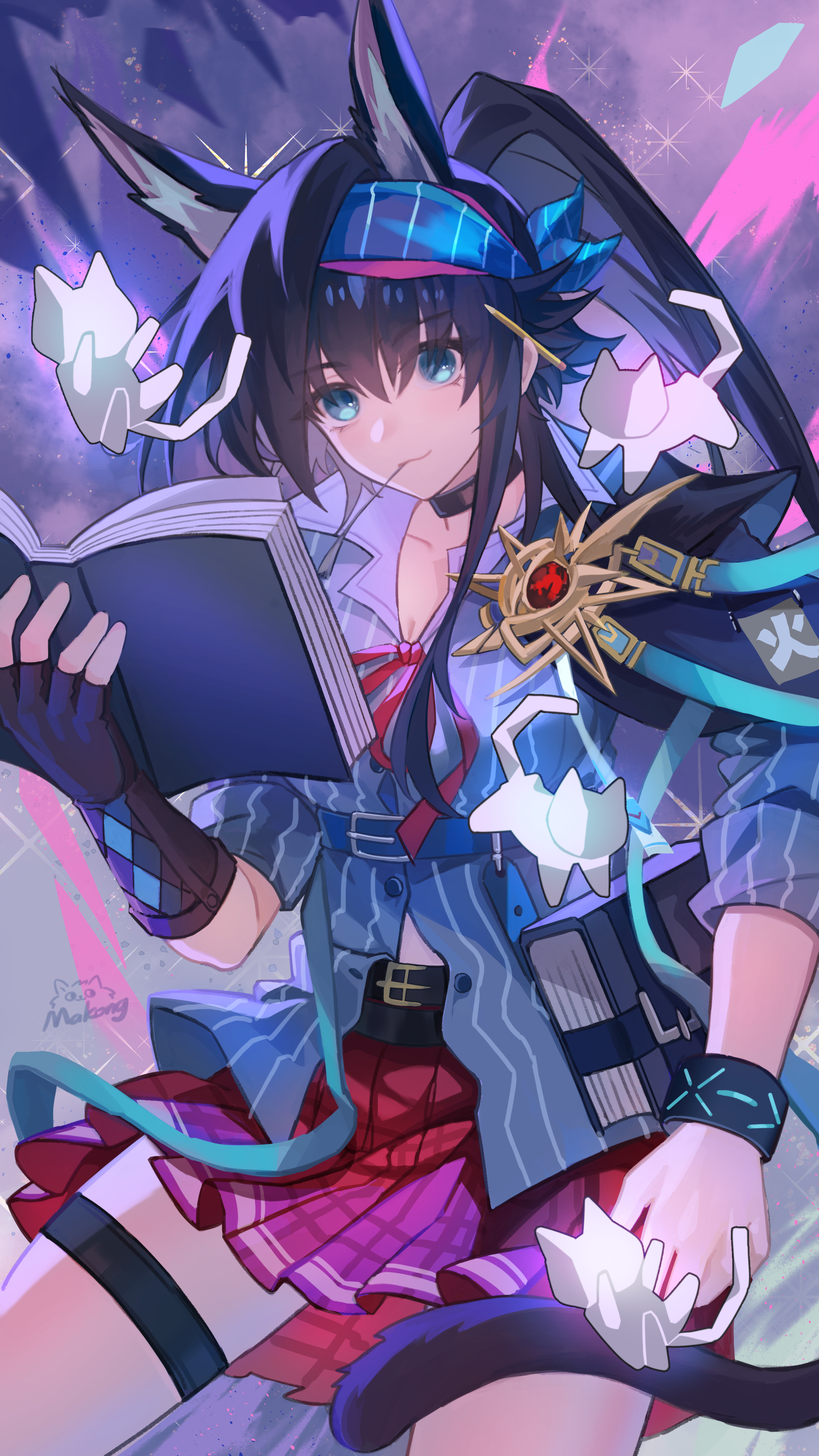 makong6593, blaze (arknights), blaze (explosive blue flame) (arknights), infection monitor (arknights), arknights, absurdres, highres, 1girl, animal ears, belt, black choker, black gloves, black hair, blue eyes, blue shirt, book, cat ears, cat tail, choker, closed mouth, cowboy shot, extra ears, fingerless gloves, gloves, hairband, holding, holding book, long hair, looking at viewer, official alternate costume, pencil, ponytail, red skirt, shirt, single glove, skirt, solo, tail, thigh strap
