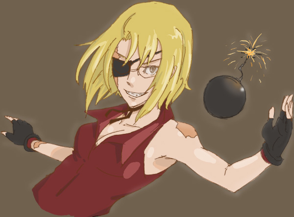 nice holystone, baccano!, 00s, 1girl, armpits, blonde hair, bomb, burn scar, choker, explosive, eyepatch, female focus, fingerless gloves, glasses, gloves, grin, scar, smile, solo