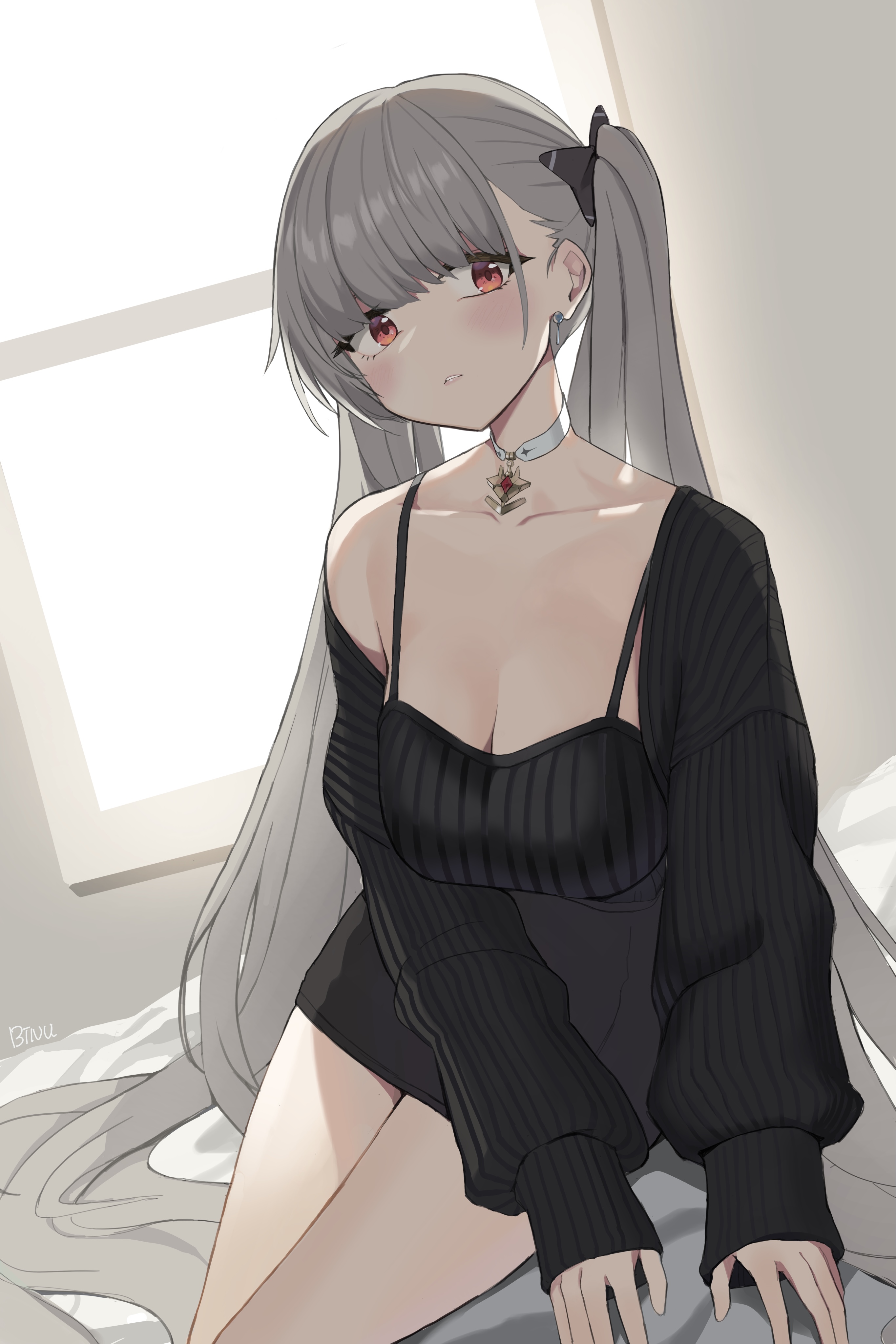 binu (nadenade), formidable (azur lane), azur lane, absurdres, commentary, highres, 1girl, absurdly long hair, alternate costume, black dress, breasts, casual, cleavage, dress, dutch angle, earrings, gem, grey hair, indoors, jewelry, large breasts, long hair, long sleeves, looking to the side, on bed, red eyes, red gemstone, sagging breasts, solo, twintails, very long hair, window