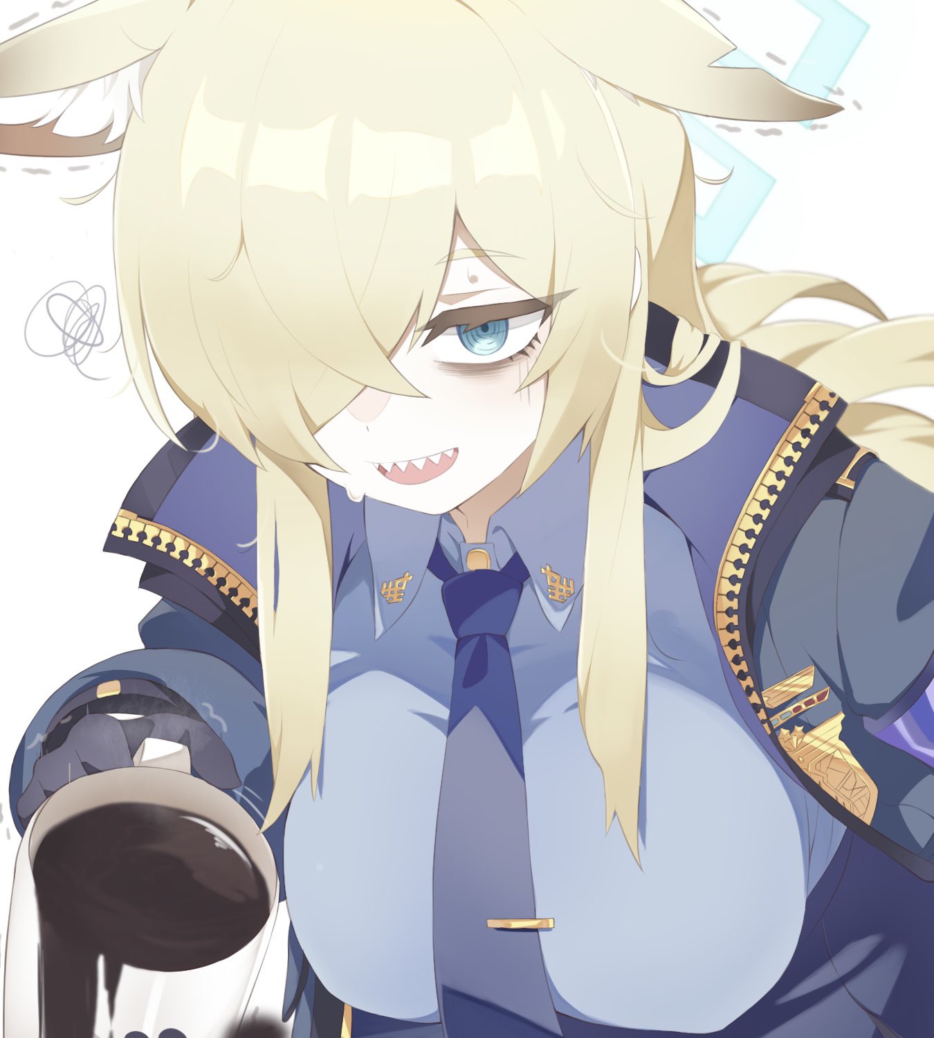 kanna (blue archive), blue archive, highres, 1girl, animal ears, bags under eyes, black gloves, blonde hair, blue necktie, blue shirt, breasts, cellsyura3493, coffee, cup, dog ears, gloves, hair over one eye, holding, holding cup, jacket, looking at viewer, necktie, open clothes, open jacket, sharp teeth, shirt, sleepy, smile, solo, teeth