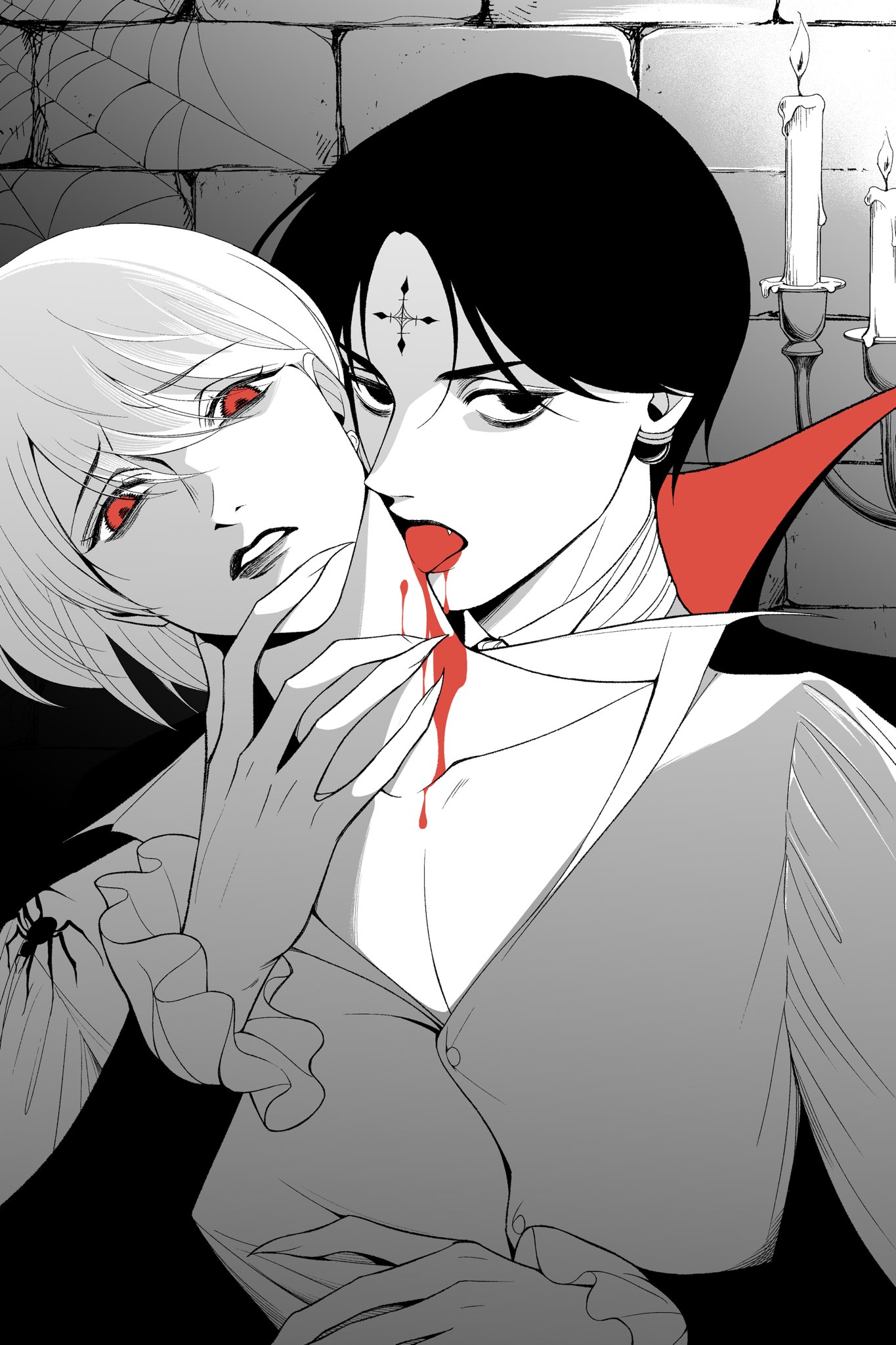 chrollo lucilfer, kurapika, hunter x hunter, highres, 2boys, 63roku63, alternate universe, androgynous, black hair, blood, cross tattoo, facial mark, forehead mark, licking, licking another's neck, licking blood, lips, male focus, monochrome, multiple boys, parted lips, shirt, short hair, tattoo, upper body, vampire, yaoi