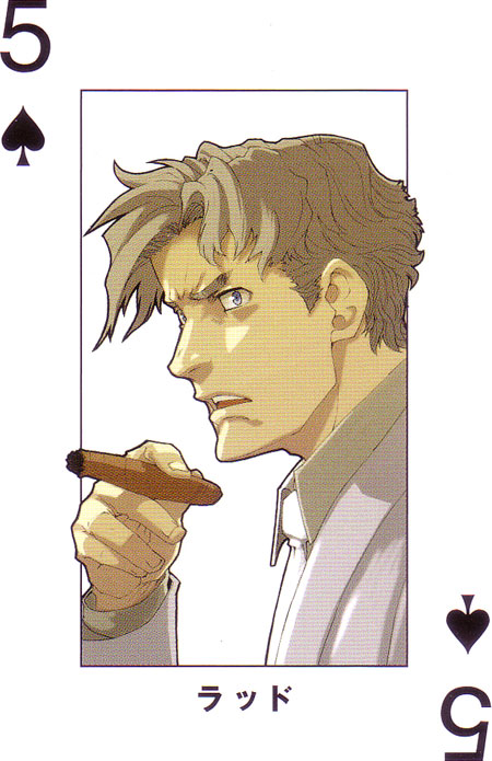 enami katsumi, narita ryohgo (mangaka), ladd russo, baccano!, official art, 00s, 1boy, card, card (medium), cigar, male focus, playing card, solo