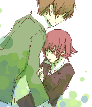 ennis, firo prochainezo, baccano!, lowres, 00s, 1boy, 1girl, brown hair, couple, formal clothes, hetero, oekaki, red hair, short hair, smile, suit