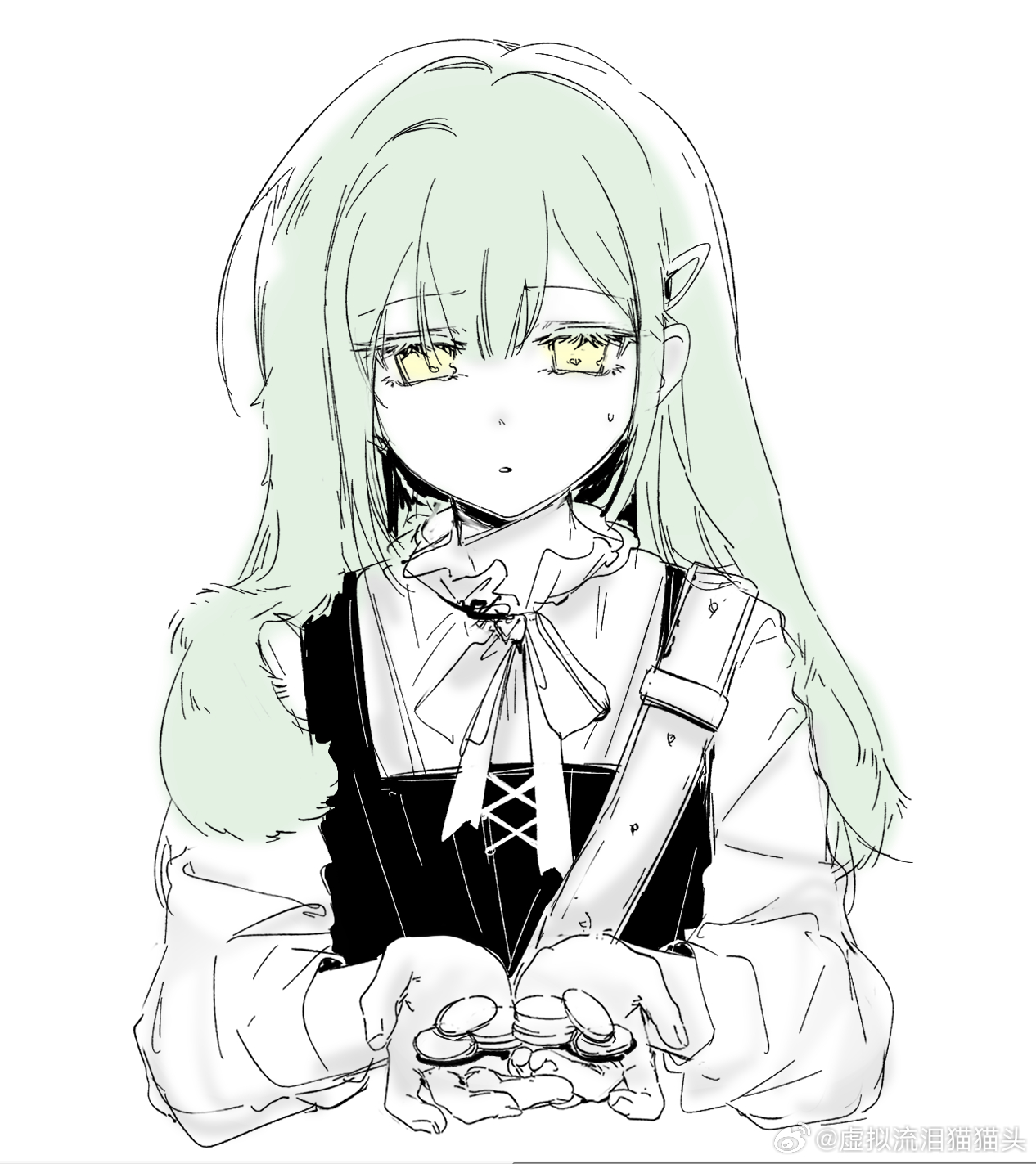 wakaba mutsumi, arknights, bang dream!, bang dream! it's mygo!!!!!, chinese commentary, commentary request, highres, 1girl, animal ears, coin, floppy ears, green hair, hair ornament, hairclip, hands up, holding, holding coin, long hair, long sleeves, neck ribbon, parted lips, partially colored, rabbit ears, rabbit girl, ribbon, sidelocks, simple background, solo, sweatdrop, upper body, wakaba mutsumi (marionette's id), watermark, weibo watermark, white background, xuni liulei mao mao tou, yellow eyes