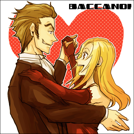 isaac dian, miria harvent, baccano!, lowres, 00s, 1boy, 1girl, couple, dancing, elbow gloves, eye contact, gloves, hetero, looking at another