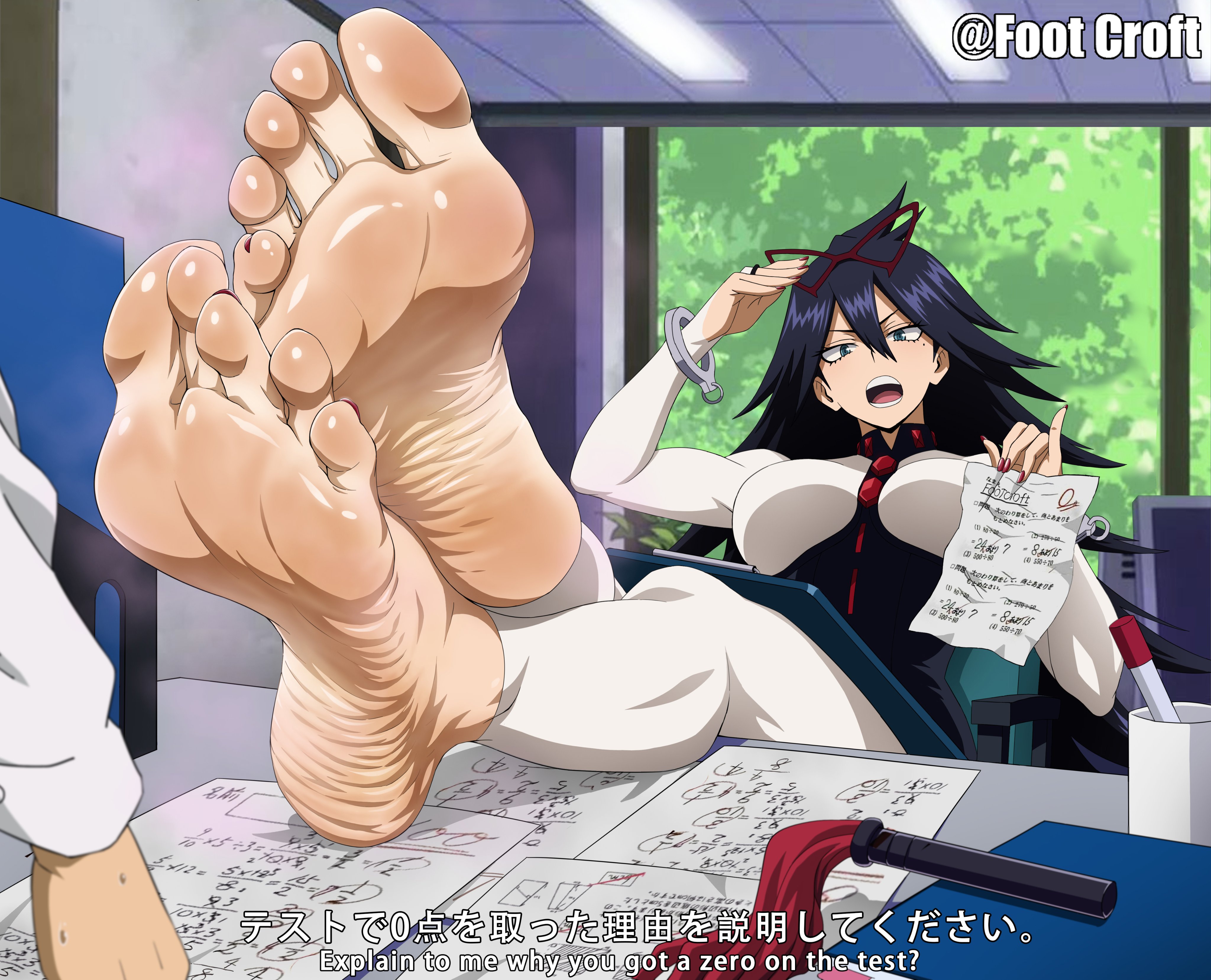 foot croft, boku no hero academia, highres, 1boy, 1girl, barefoot, black hair, blue eyes, breasts, crossed legs, cuffs, desk, feet, foot focus, handcuffs, holding, indoors, large breasts, long hair, mask, mole, mole under eye, nail polish, office, open mouth, paper, red nails, soles, toenail polish, toenails, toes, twitter username, whip