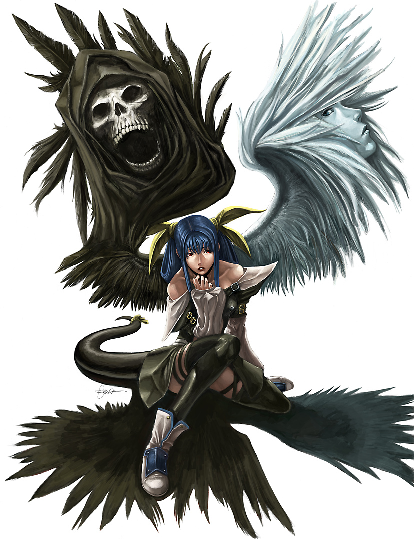 shonensan, dizzy (guilty gear), necro (guilty gear), undine (guilty gear), arc system works, guilty gear, guilty gear x, guilty gear xx, 1girl, asymmetrical wings, blue hair, boots, female focus, red eyes, ribbon, simple background, skull, solo, tail, tail ornament, tail ribbon, thighhighs, white background, wings