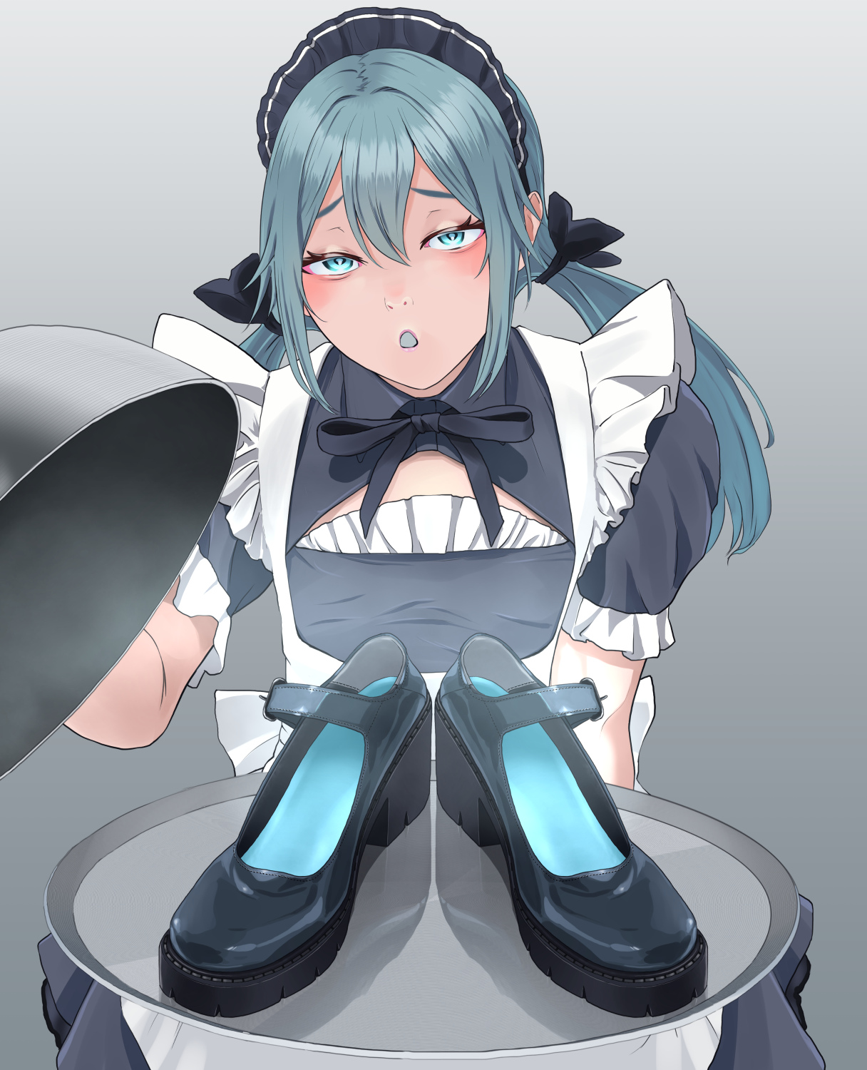 3f1n92k0, highres, 1girl, blue eyes, blue hair, long hair, looking at viewer, low twintails, maid, parted lips, shoes, steam, tray, twintails, unworn shoes