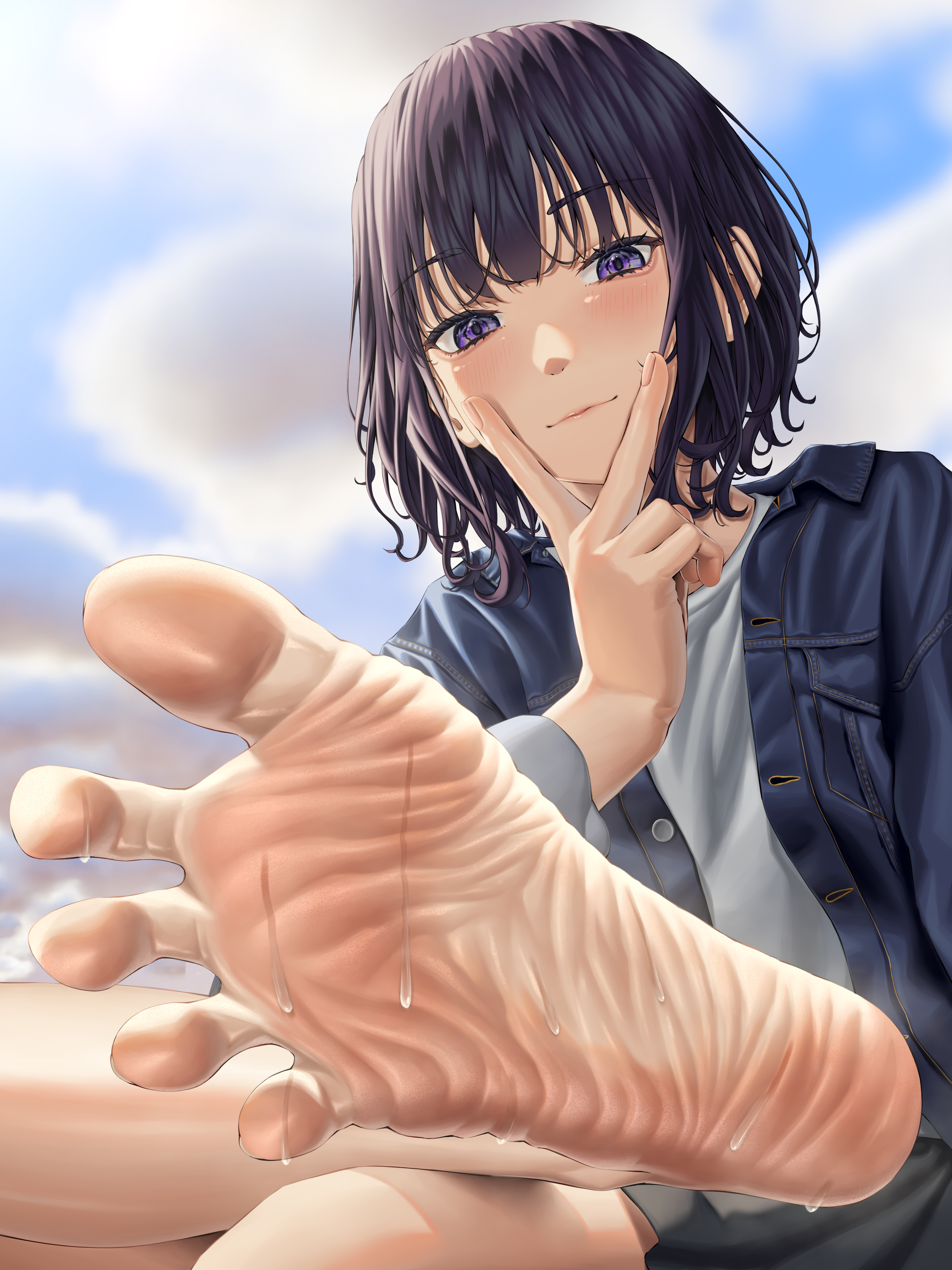 nightbird, absurdres, highres, 1girl, barefoot, black hair, blush, crossed legs, feet, looking at viewer, medium hair, purple eyes, soles, steam, sweat, toes