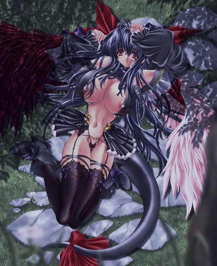 shujin, dizzy (guilty gear), arc system works, guilty gear, 1girl, alternate color, asymmetrical wings, bad proportions, black hair, breasts, cleavage, detached sleeves, female focus, goth fashion, huge breasts, lingerie, long hair, nipples, open clothes, open shirt, panties, red eyes, ribbon, shirt, solo, tail, tail ornament, tail ribbon, thighhighs, twintails, underwear, wings