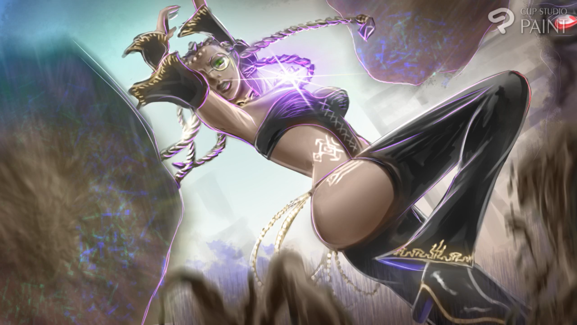 abkc94, dolores (kof), the king of fighters, 1girl, ass, bodypaint, braid, braided ponytail, breasts, curvy, dark-skinned female, dark skin, dress, female focus, glasses, green eyes, hands up, heel up, jewelry, large breasts, leg up, long hair, long sleeves, looking at viewer, magic, round eyewear, thick lips, thick thighs, thighs, white hair