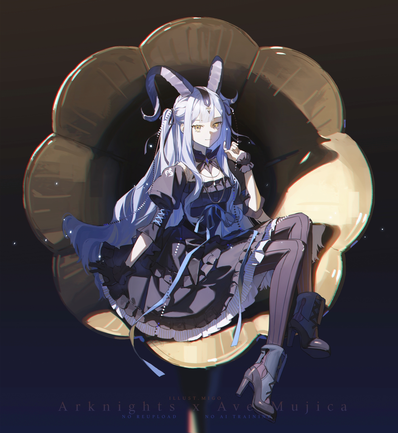 migo45, togawa sakiko, arknights, bang dream!, bang dream! it's mygo!!!!!, commentary, english commentary, highres, 1girl, black boots, black dress, black gloves, black horns, black pantyhose, black ribbon, blue hair, boots, closed mouth, curled horns, detached collar, dress, full body, gloves, hair ribbon, hand up, high heel boots, high heels, horns, light particles, long hair, looking at viewer, oversized object, pantyhose, phonograph, ribbon, sidelocks, single glove, sitting, smile, solo, togawa sakiko (master of melodia), wrist cuffs, yellow eyes